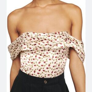 Reformation Off-Shoulder Silk Floral Print Top